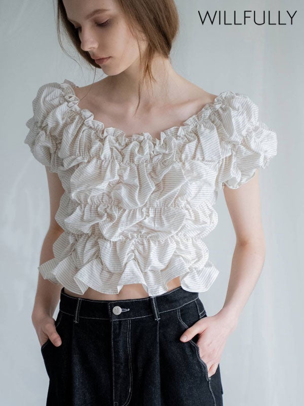 即納】 ウィルフリー WILLFULLY トップス whip shirring stripe 2way